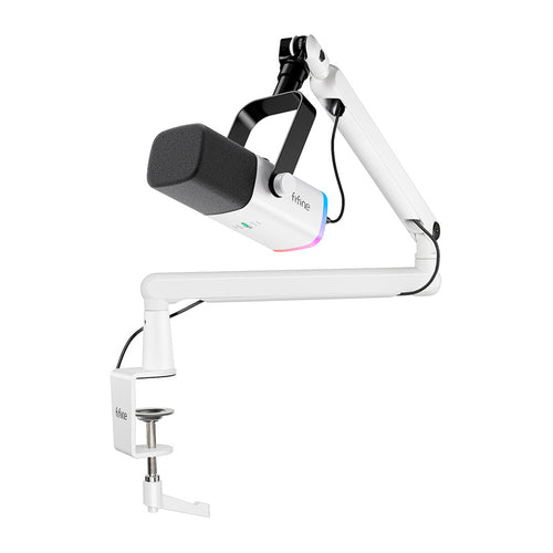 Fifine TAM8W - Microphone dynamique USB et XLR avec bras BM88 (blanc) : microphone dynamique Fifine TAM8W blanc sur son bras BM88
