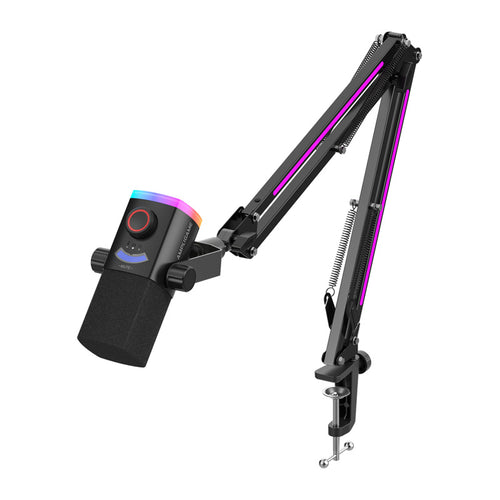 Fifine AM8proT - Microphone dynamique USB/XLR et bras RGB (noir) : microphone dynamique Fifine AM8proT noir sur son bras RGB