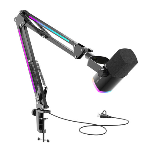 Fifine AM8proT - Microphone dynamique USB/XLR et bras RGB (noir) : éclairage RGB du micro et du bras AM8proT