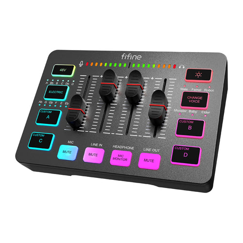Fifine SC3 - Table de mixage streaming XLR 48 V RGB (noir) : table de mixage Fifine SC3 noire avec ses curseurs