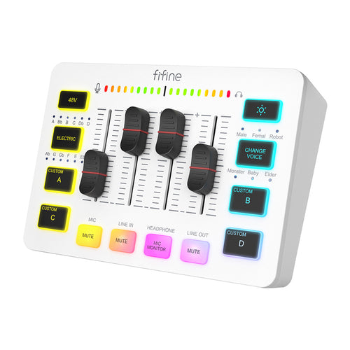 Fifine SC3W - Table de mixage streaming XLR 48 V RGB (blanche) : table de mixage Fifine SC3W blanche avec ses curseurs