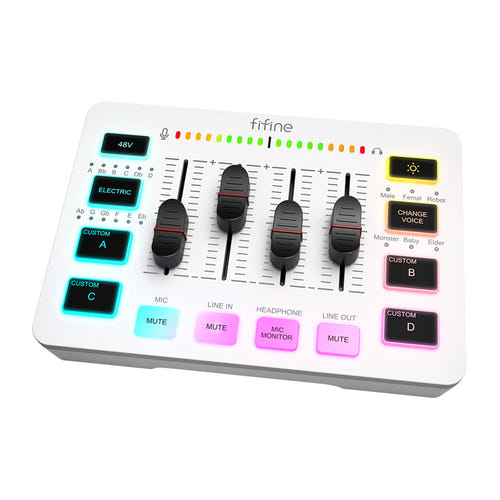Fifine SC3W - Table de mixage streaming XLR 48 V RGB (blanche) : touches d'effets éclairées de la Fifine SC3W