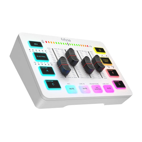 Fifine SC3W - Table de mixage streaming XLR 48 V RGB (blanche) : entrées et sorties de la Fifine SC3W