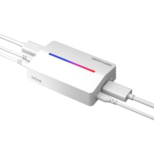 Fifine V3W - Carte d'acquisition HDMI vers USB-A 1080p 60 Hz (blanche) : carte d'acquisition Fifine V3W reliée à un ordinateur portable