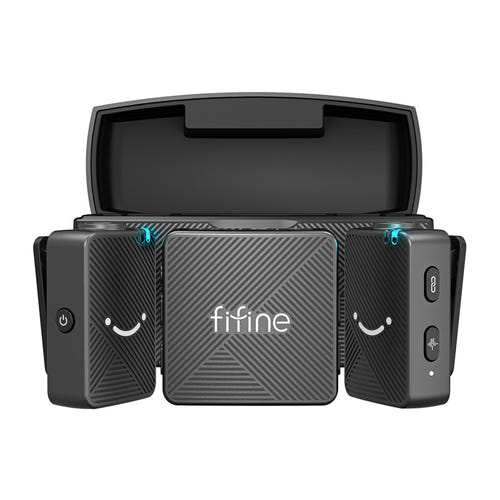 Fifine M9 - Kit micros cravate sans fil avec boîtier de charge (noir) : boîtier de charge du Fifine M9 ouvert
