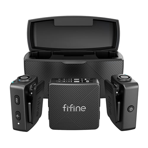 Fifine M9 - Kit micros cravate sans fil avec boîtier de charge (noir) : émetteur Fifine M9 avec sa pince et ses commandes