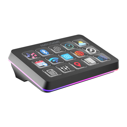 Fifine D6 - Contrôleur de streaming 15 touches LCD (noir) : Fifine D6 sur son support, à côté du clavier