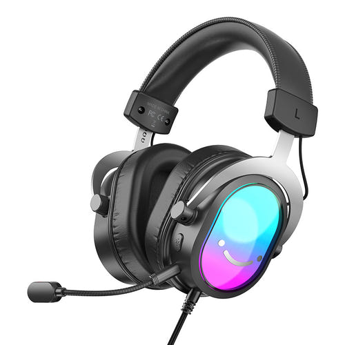 Fifine H16 - Casque gaming USB 7.1 avec micro détachable (noir) : coussinets et arceau métallique du Fifine H16 éclairés en RGB