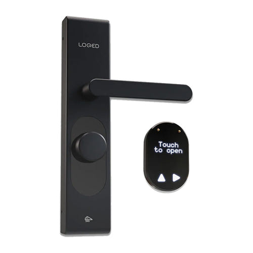 Shelly LOQED Touch Smart Lock - Serrure connectée sans clé Wi-Fi et Bluetooth (noire) : serrure connectée LOQED Touch Smart Lock noire montée sur une porte