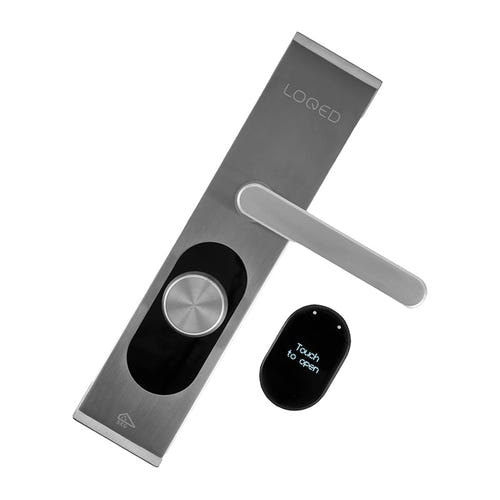 Shelly LOQED Touch Smart Lock - Serrure connectée sans clé Wi-Fi et Bluetooth (argent) : poignée intérieure et panneau extérieur de la serrure