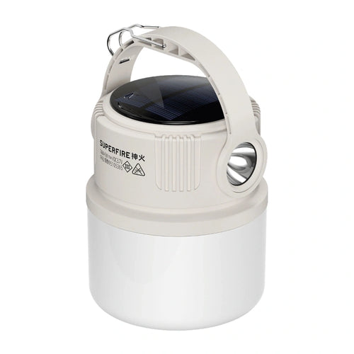 Superfire T22 - Lampe de camping 360° avec projecteur 180 m et charge solaire : lampe de camping Superfire T22 allumée en éclairage 360°