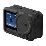 Telesin S6-PTC-11 - Coque en silicone pour DJI Osmo Action 6 (noire) : caméra installée dans la coque, ports et boutons dégagés
