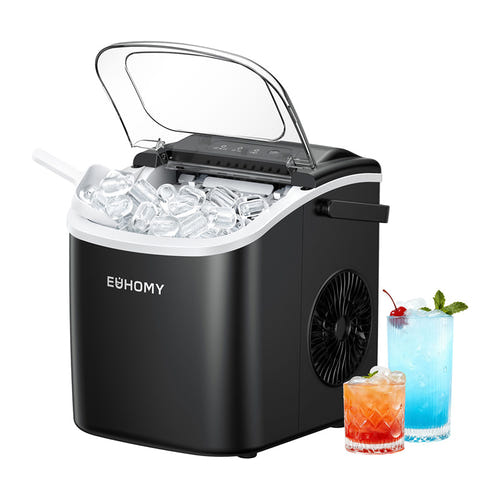 Euhomy IM001 - Machine à glaçons 12 kg par jour, réservoir 1,2 L (noire) : glaçons bullet dans le bac de réception