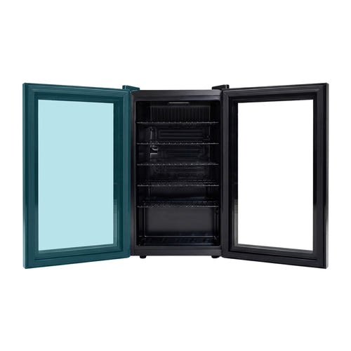 Euhomy BR001-89 - Réfrigérateur à boissons 70 L à porte vitrée (noir) : intérieur avec clayettes et boissons
