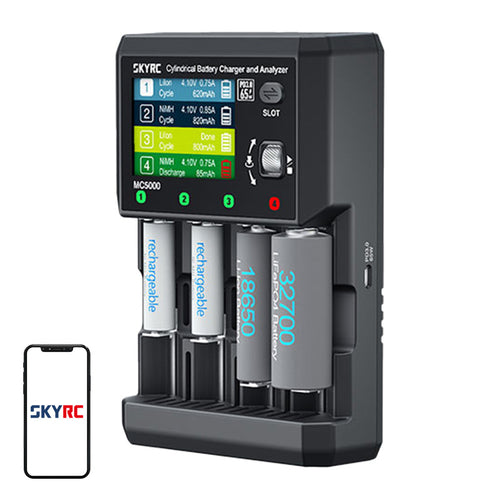 SkyRC MC5000 - Chargeur-analyseur 4 baies pour accus cylindriques 18650 et 21700 : chargeur-analyseur SkyRC MC5000, vue d'ensemble