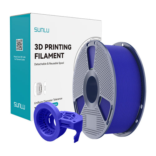 Sunlu PETG High-Speed Matte - Filament 3D mat (bleu) : bobines de filament PETG mat devant une maquette imprimée