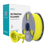 Sunlu PETG High-Speed Matte - Filament 3D mat (jaune) : bobines de filament PETG mat devant une maquette imprimée