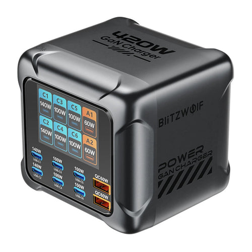 BliTZWOlF BW-S33 - Chargeur secteur GaN 420 W à 8 ports avec écran couleur : chargeur BliTZWOlF BW-S33 relié à plusieurs appareils