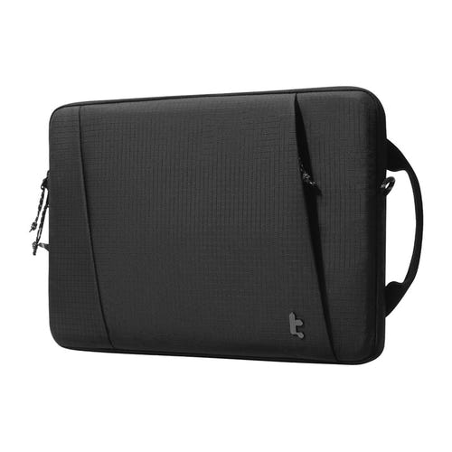 Tomtoc Essence-A35 - Housse pour ordinateur portable 16 pouces (noire) : détail du renfort d'angle orange à l'intérieur