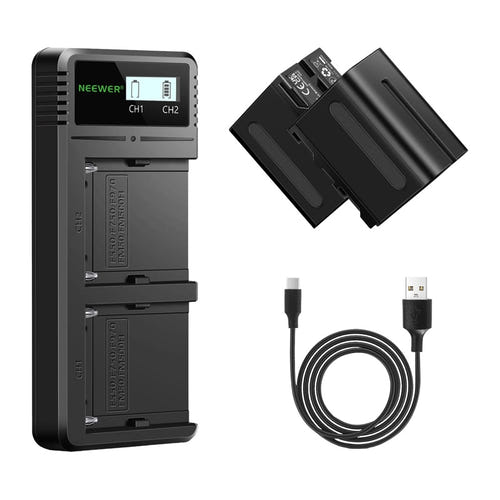 Neewer NW-F970 - Kit de 2 batteries 7800 mAh et chargeur double USB : entrées Micro-USB et USB-C du chargeur