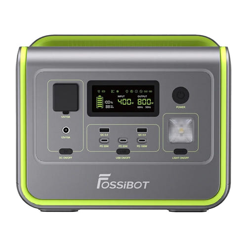 FOSSIBOT F800 - Station électrique portable 800 W, 512 Wh (verte) : facade et ports de la station F800