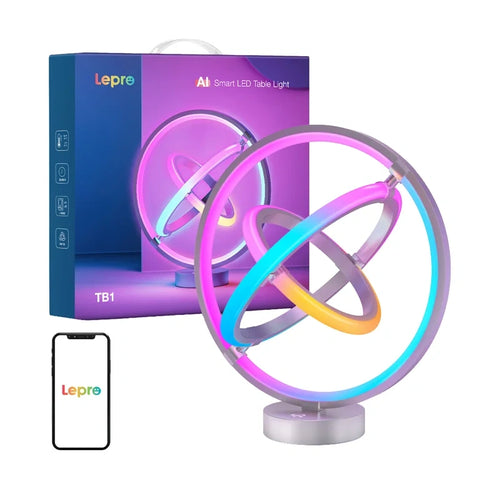 Lepro TB1 - Lampe de bureau connectée RGBIC à anneaux orientables : lampe de bureau à anneaux orientables allumée