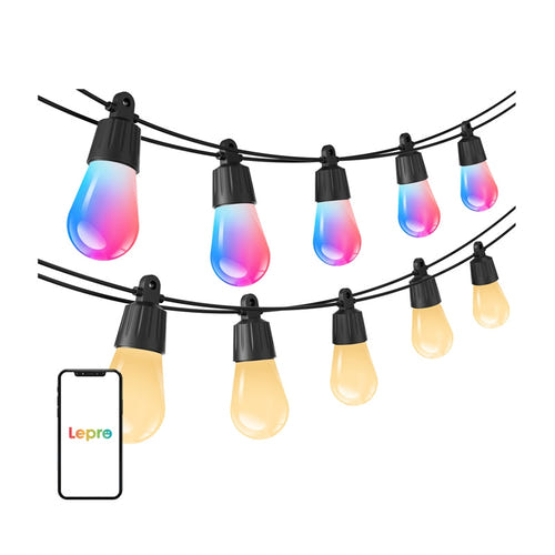 Lepro ZB1-15 - Guirlande guinguette connectée 15 m, 15 ampoules : guirlande guinguette tendue au-dessus d'une terrasse