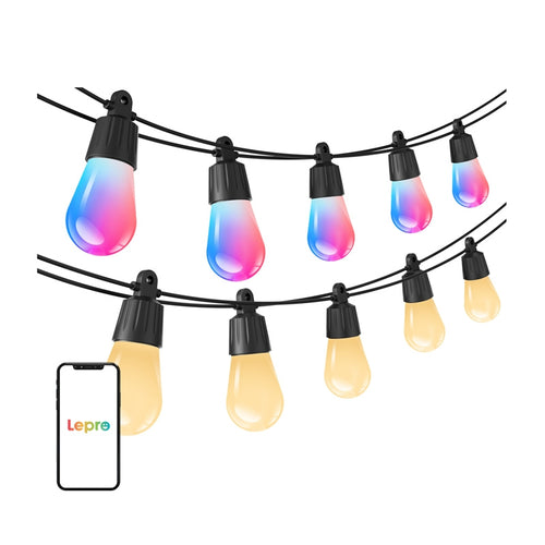 Lepro ZB1-15 - Guirlande guinguette connectée 15 m, 15 ampoules : guirlande guinguette tendue au-dessus d'une terrasse