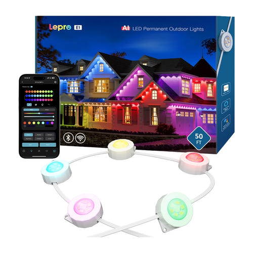 Lepro E1-60 - Éclairage extérieur connecté 60 points lumineux, 30,6 m : points lumineux en blanc sur une façade claire