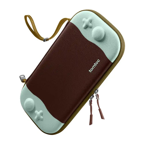 Tomtoc FancyCase-G05 - Étui slim Nintendo Switch 2, 12 jeux (ChocoMint) : étui Tomtoc FancyCase-G05 ChocoMint à côté d'une console