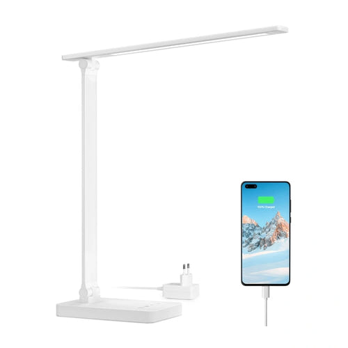 Lepro 31003WHG - Lampe de bureau LED 750 lm avec port USB (blanche) : lampe de bureau Lepro blanche sur un plan de travail en bois