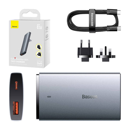 Baseus GaN5 - chargeur secteur 65 W, 1 port USB-C et 1 port USB-A, adaptateurs EU et UK
