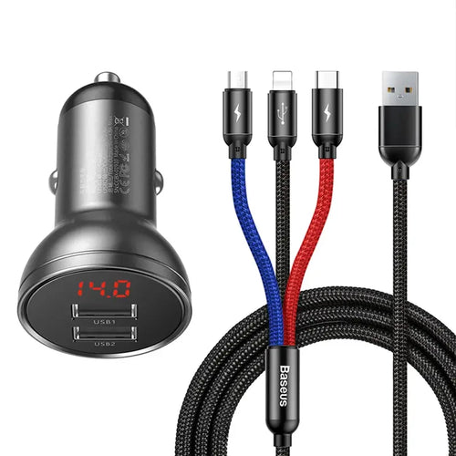 Baseus TZCCBX-0G - Chargeur voiture 24 W 2 ports USB avec écran et câble 3 en 1 de 1,2 m - visuel 1