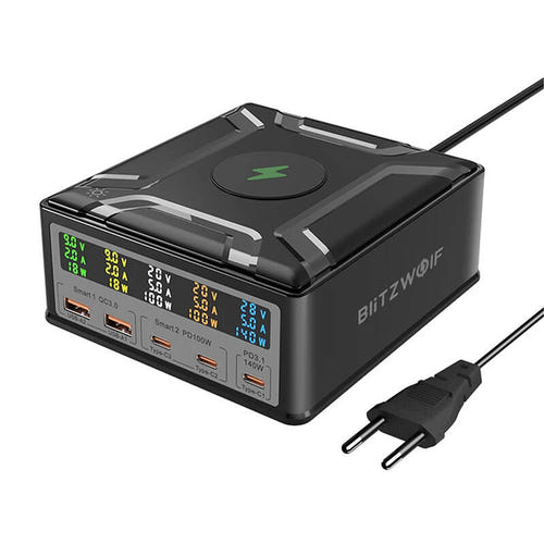 BlitzWolf BW-S28 - Chargeur GaN 260 W avec écran et charge sans fil, noir