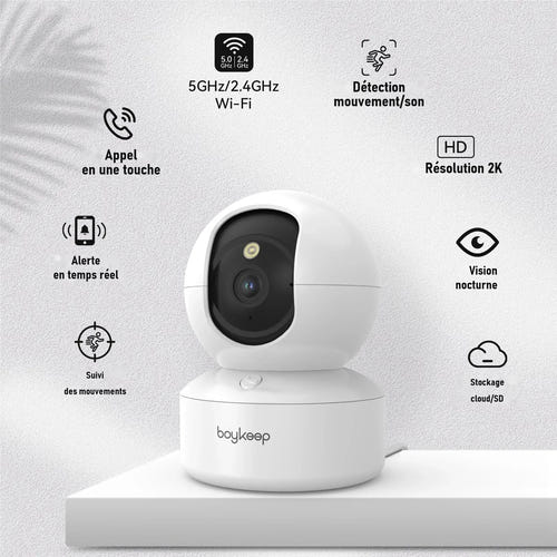 BoyKeep Caméra Wi-Fi 3 MP d'intérieur blanche - suivi automatique, alimentation USB : 3 MP suivi automatique