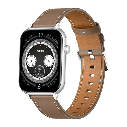COLMi C28 - Montre connectée argent, bracelet cuir marron (vue 1)