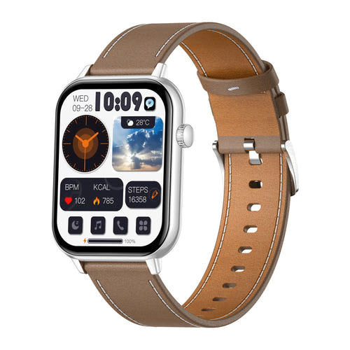COLMi C28 - Montre connectée argent, bracelet cuir marron : profil fin sous la manche