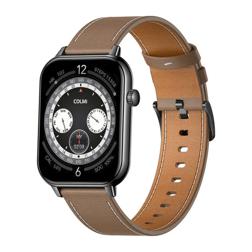 COLMi C28 - Montre connectée noir, bracelet cuir marron : noire cuir marron