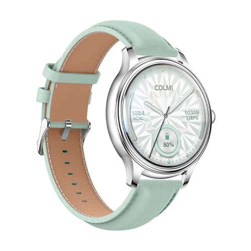 COLMi L28 - Montre connectée argent et vert, bracelet cuir vert - visuel 1