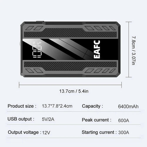 EAFC - booster de démarrage 12 V 600 A, lampe LED et batterie externe 6400 mAh : format de poche