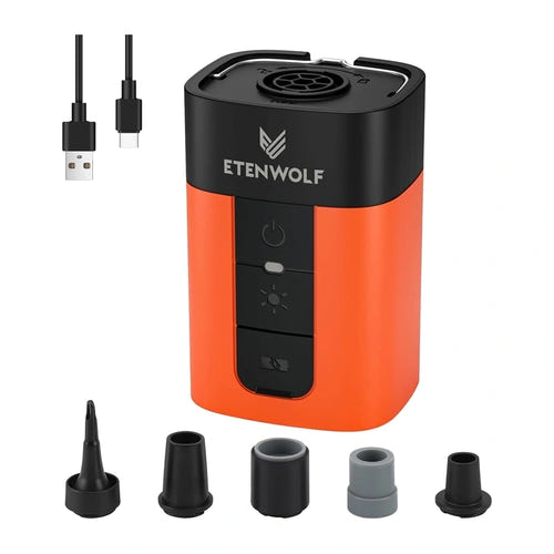 ETENWOLF AIR 5 PRO orange - gonfleur électrique 720 L/min avec lampe et batterie externe : embouts câble