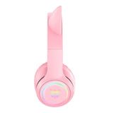 ONIKUMA B90 - Casque sans fil Bluetooth oreilles de chat lumineuses, rose : plié