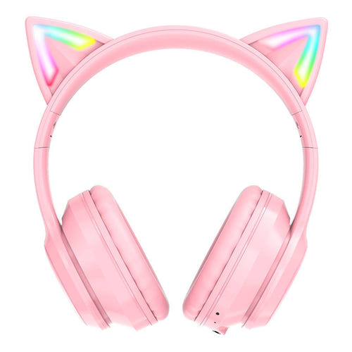 ONIKUMA B90 - Casque sans fil Bluetooth oreilles de chat lumineuses, rose : coussinets similicuir rose B90