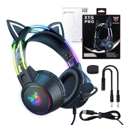 ONIKUMA X15 PRO - Casque gaming filaire oreilles de chat RGB, noir : arceau transparent RGB
