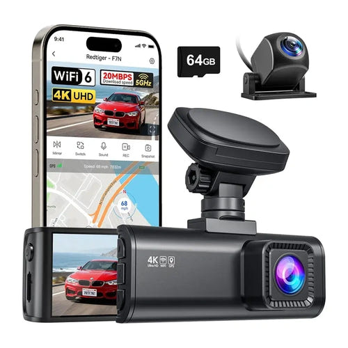 REDTIGER F7N - Caméra embarquée 4K avant et arrière, Wi-Fi 6 et GPS : écran 3,2 pouces application WiFi