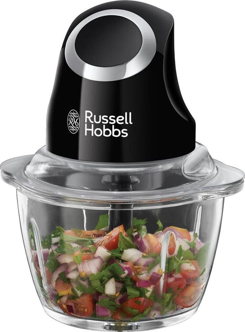 Mini-hachoir Russell Hobbs 24662-56 noir avec légumes dans le bol en verre