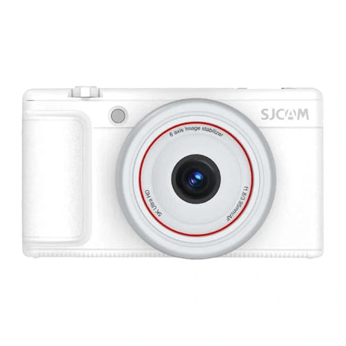 SJCAM ZV200 blanc - appareil photo numérique compact vlog 5K, 80 Mpx, écran IPS orientable 2,8 pouces : vue face objectif