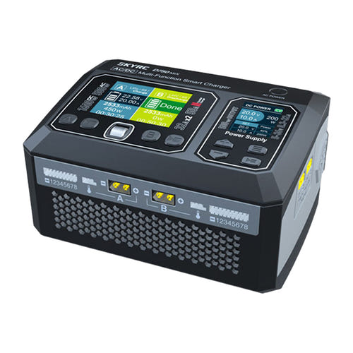 SkyRC D750 MIX - Chargeur deux voies AC/DC, 32 A par voie : face avant et connecteurs