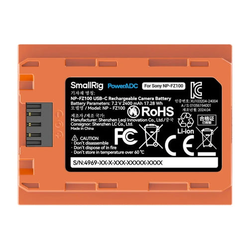 SmallRig NP-FZ100 - batterie USB-C pour Sony Alpha et FX, orange : 2 280 mAh