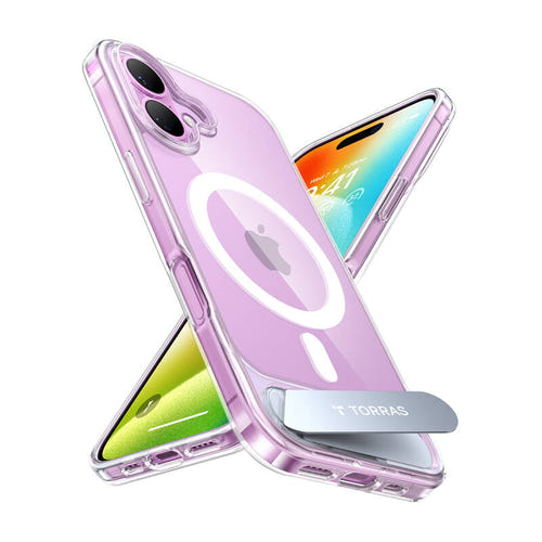 Torras Pstand - Coque iPhone 16 Plus béquille MagSafe, transparente : dépliée support